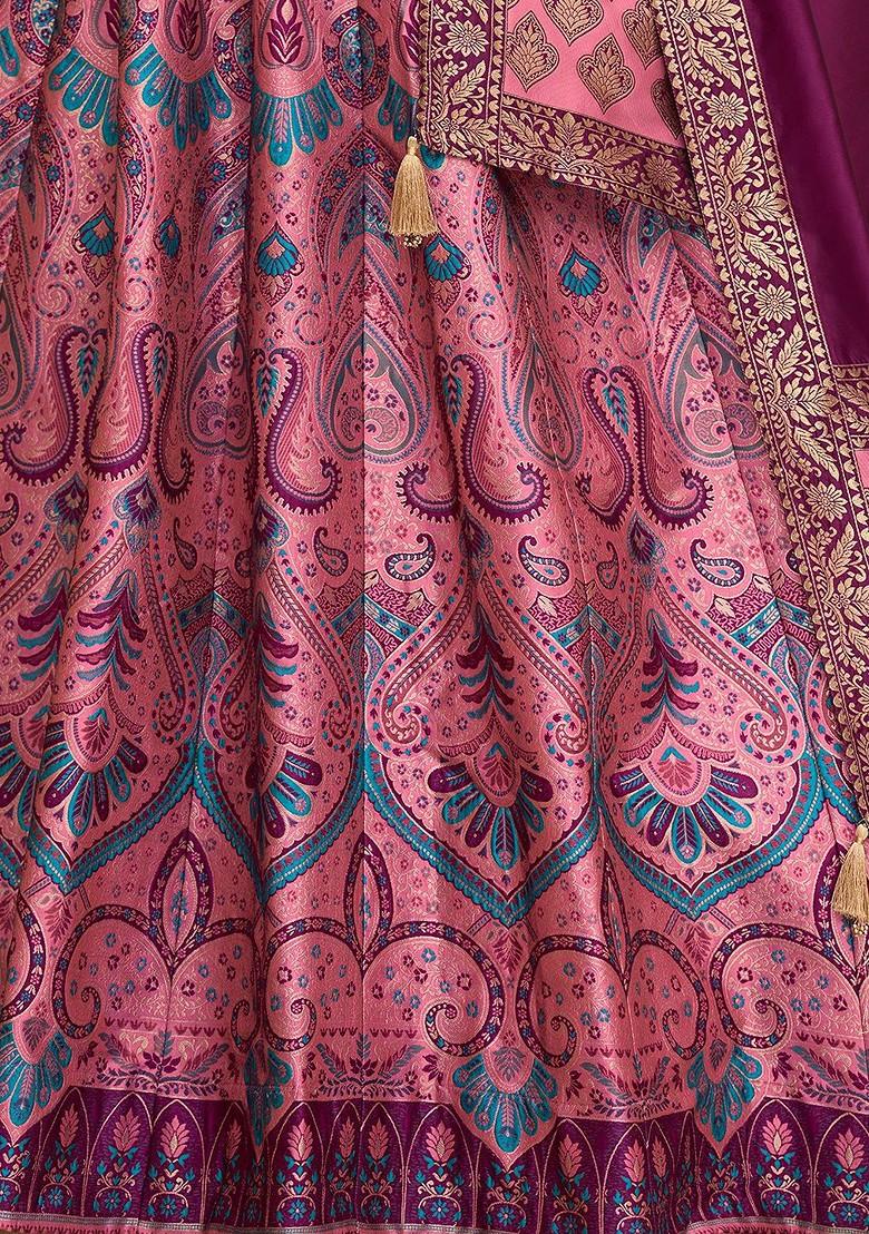 Pink Woven Design Blended Lehenga Choli - Indya