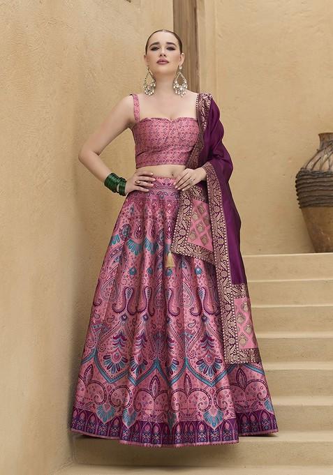 Pink Woven Design Blended Lehenga Choli — view on Indya