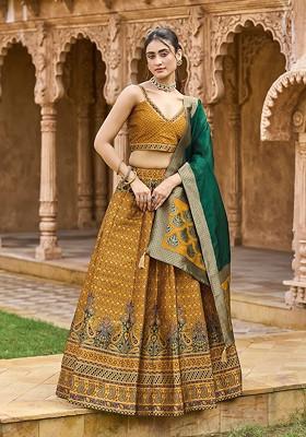 Yellow Woven Design Blended Lehenga Choli