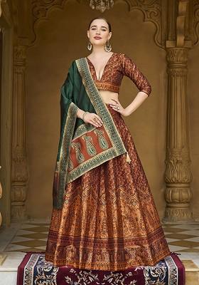 Orange Woven Design Blended Lehenga Choli