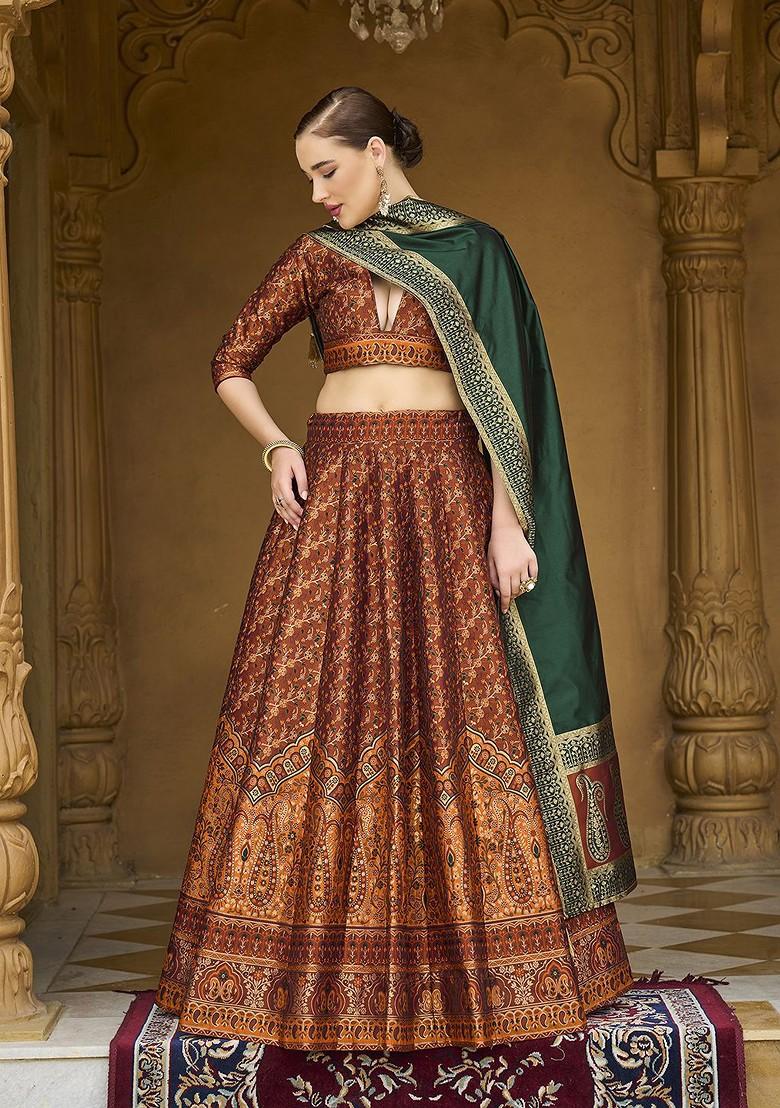 Orange Woven Design Blended Lehenga Choli - Indya