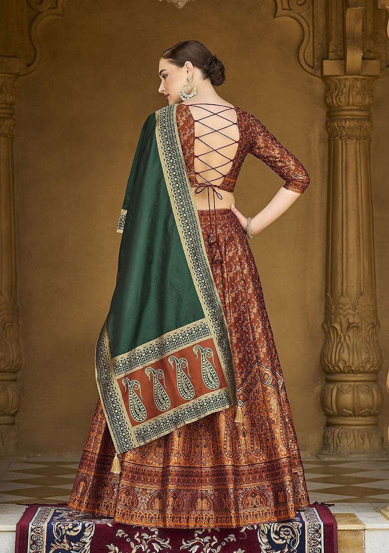 Orange Woven Design Blended Lehenga Choli - Indya