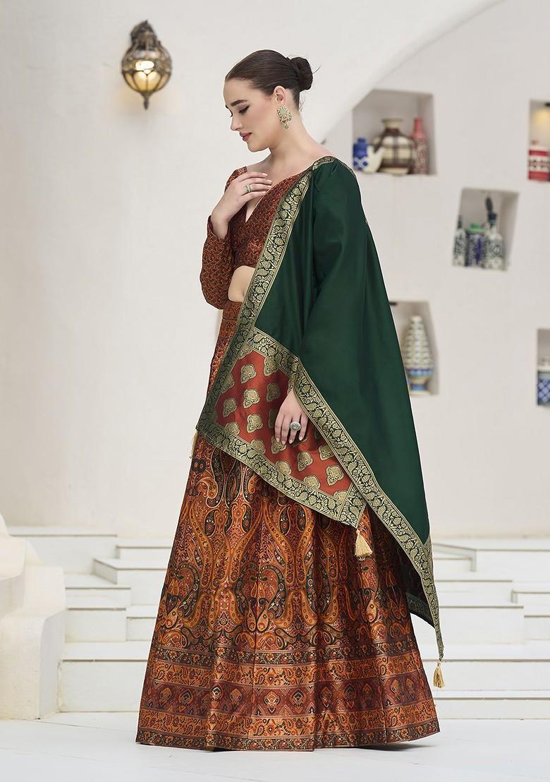 Orange Woven Design Blended Lehenga Choli - Indya