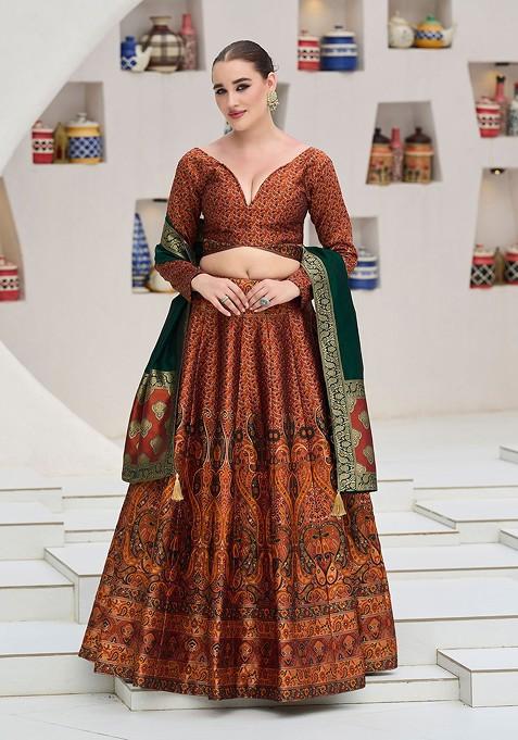 Orange Woven Design Blended Lehenga Choli — view on Indya