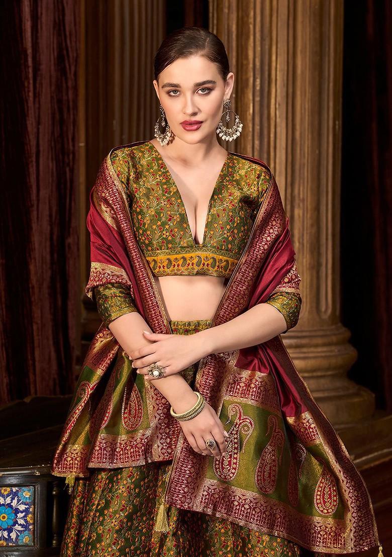 Olive Woven Design Blended Lehenga Choli - Indya
