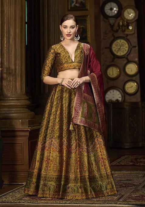 Olive Woven Design Blended Lehenga Choli — view on Indya