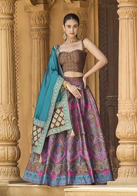 Brown Woven Design Blended Lehenga Choli