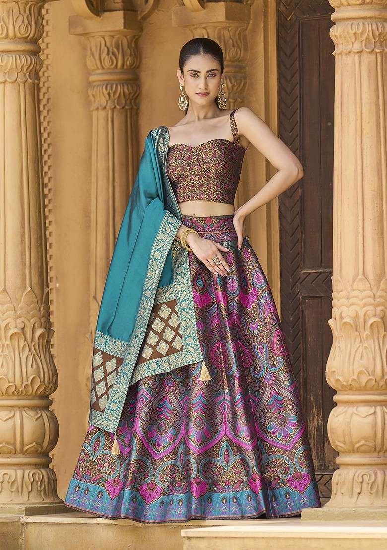 Brown Woven Design Blended Lehenga Choli - Indya