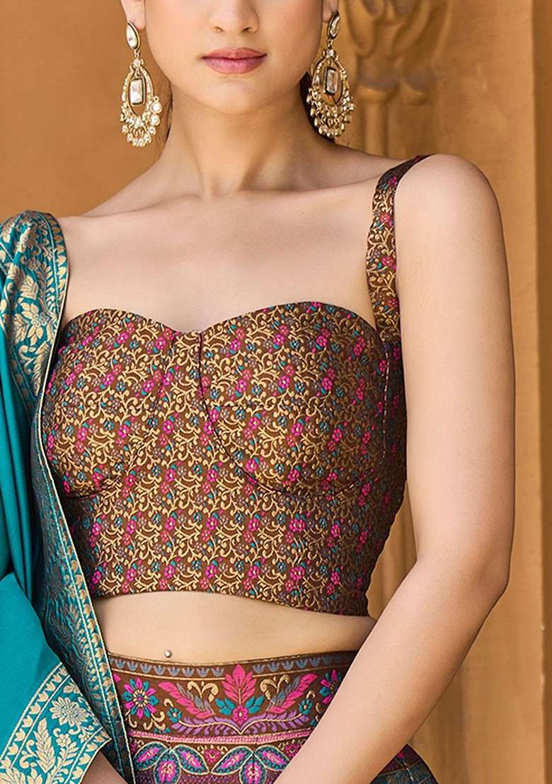 Brown Woven Design Blended Lehenga Choli - Indya