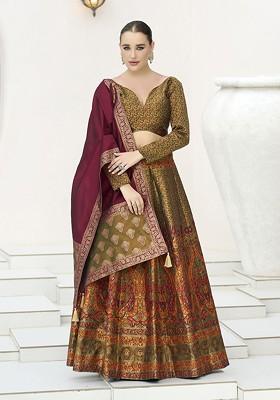 Olive Woven Design Blended Lehenga Choli