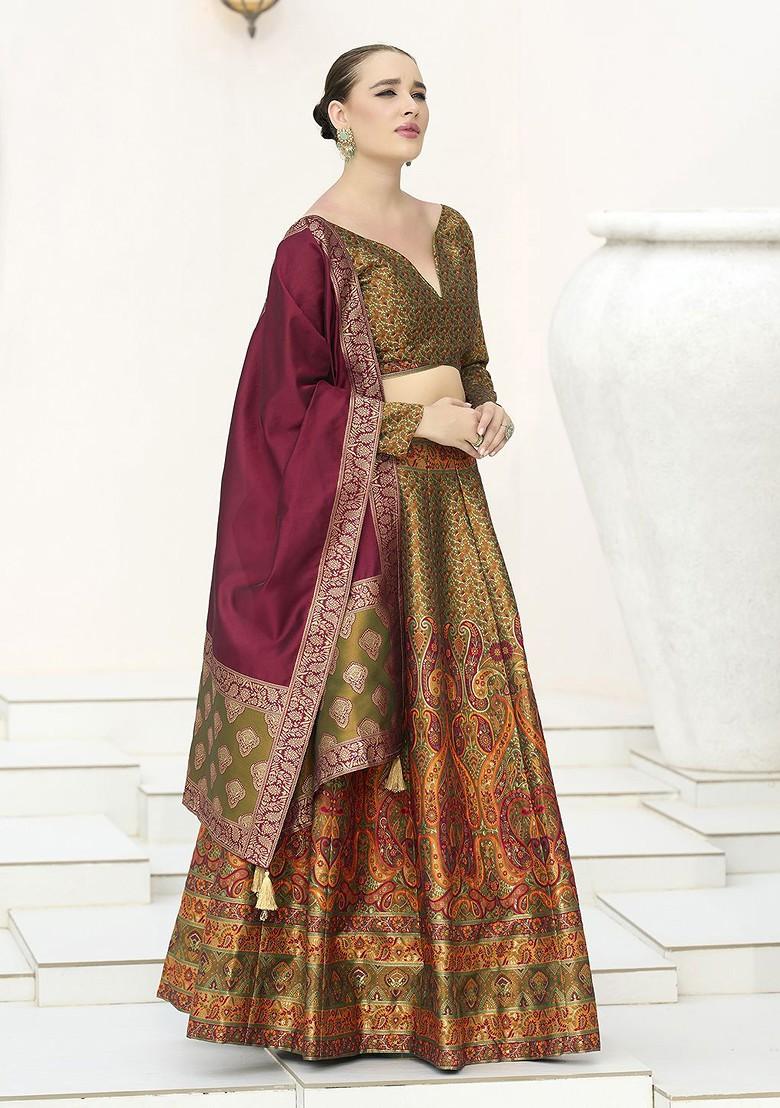 Olive Woven Design Blended Lehenga Choli - Indya
