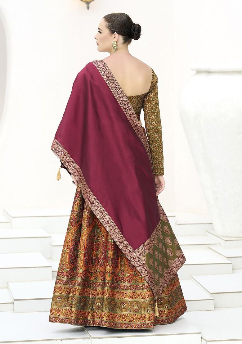Olive Woven Design Blended Lehenga Choli - Indya