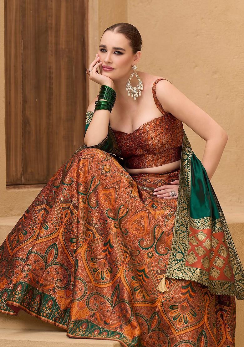 Orange Woven Design Blended Lehenga Choli - Indya
