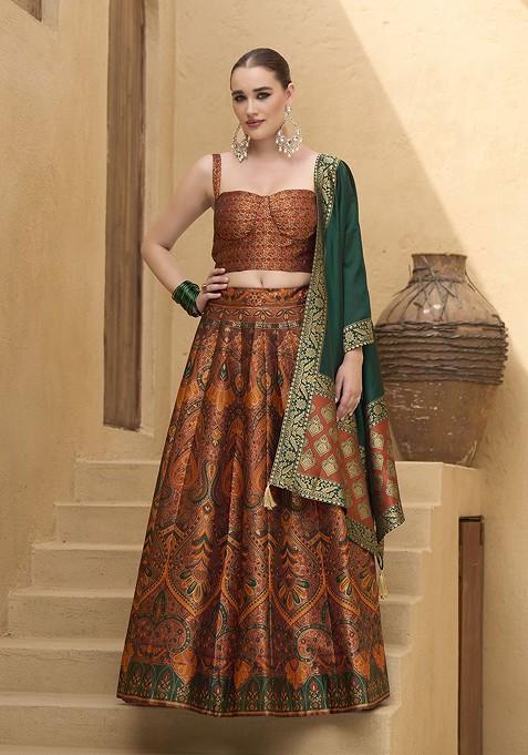 Orange Woven Design Blended Lehenga Choli — view on Indya