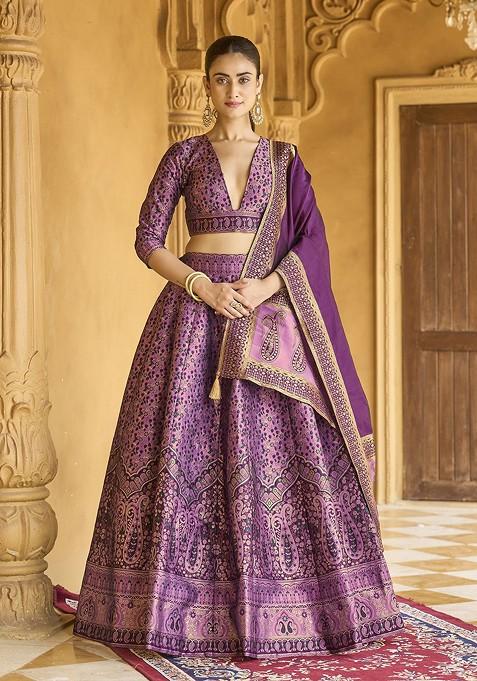 Purple Woven Design Blended Lehenga Choli — view on Indya
