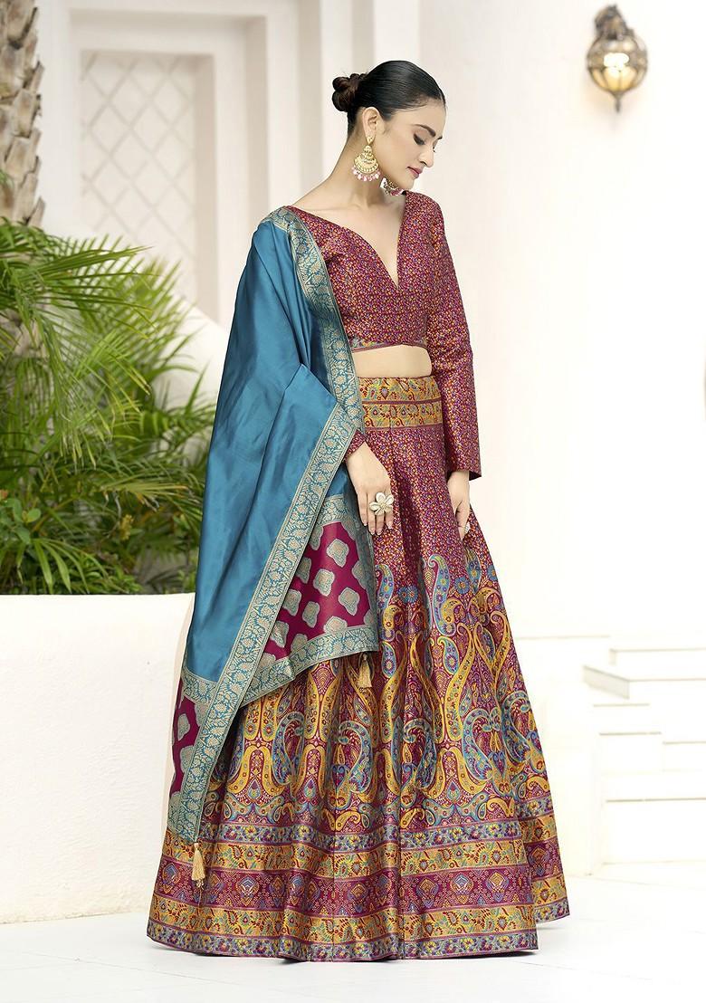 Pink Woven Design Blended Lehenga Choli - Indya