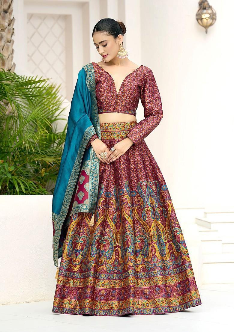 Pink Woven Design Blended Lehenga Choli - Indya
