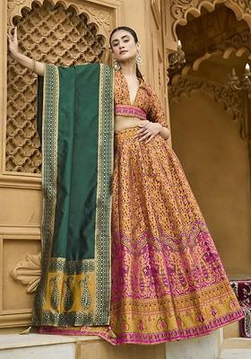 Yellow Woven Design Blended Lehenga Choli