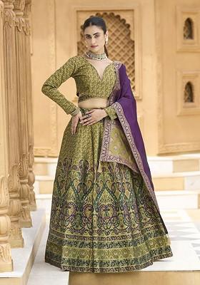 Green Woven Design Blended Lehenga Choli