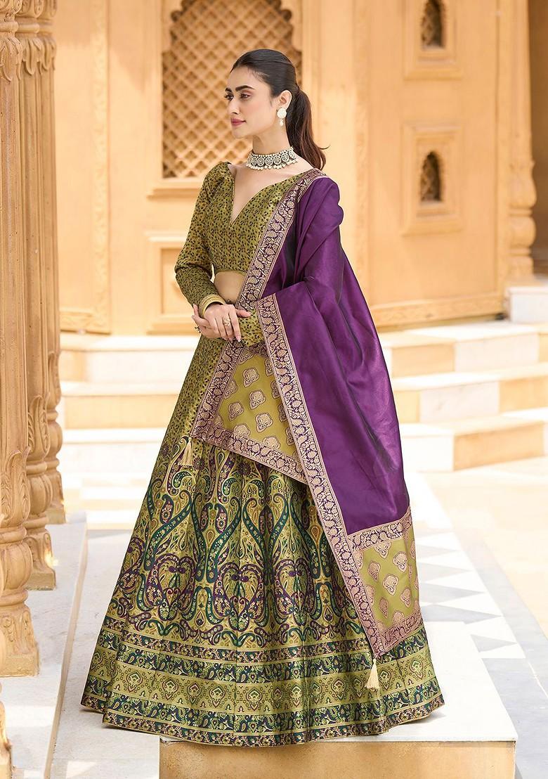 Green Woven Design Blended Lehenga Choli - Indya