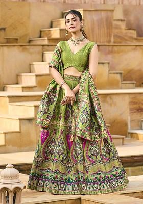 Green Woven Design Blended Lehenga Choli
