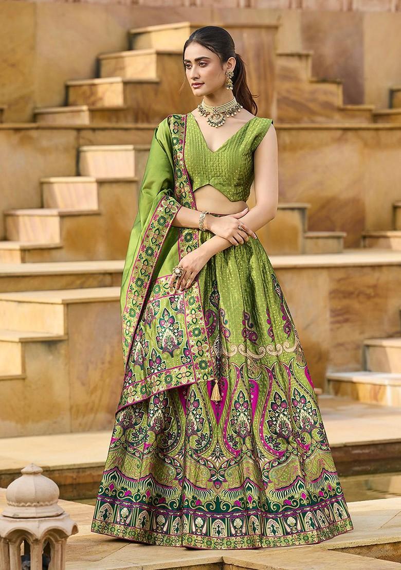 Green Woven Design Blended Lehenga Choli - Indya