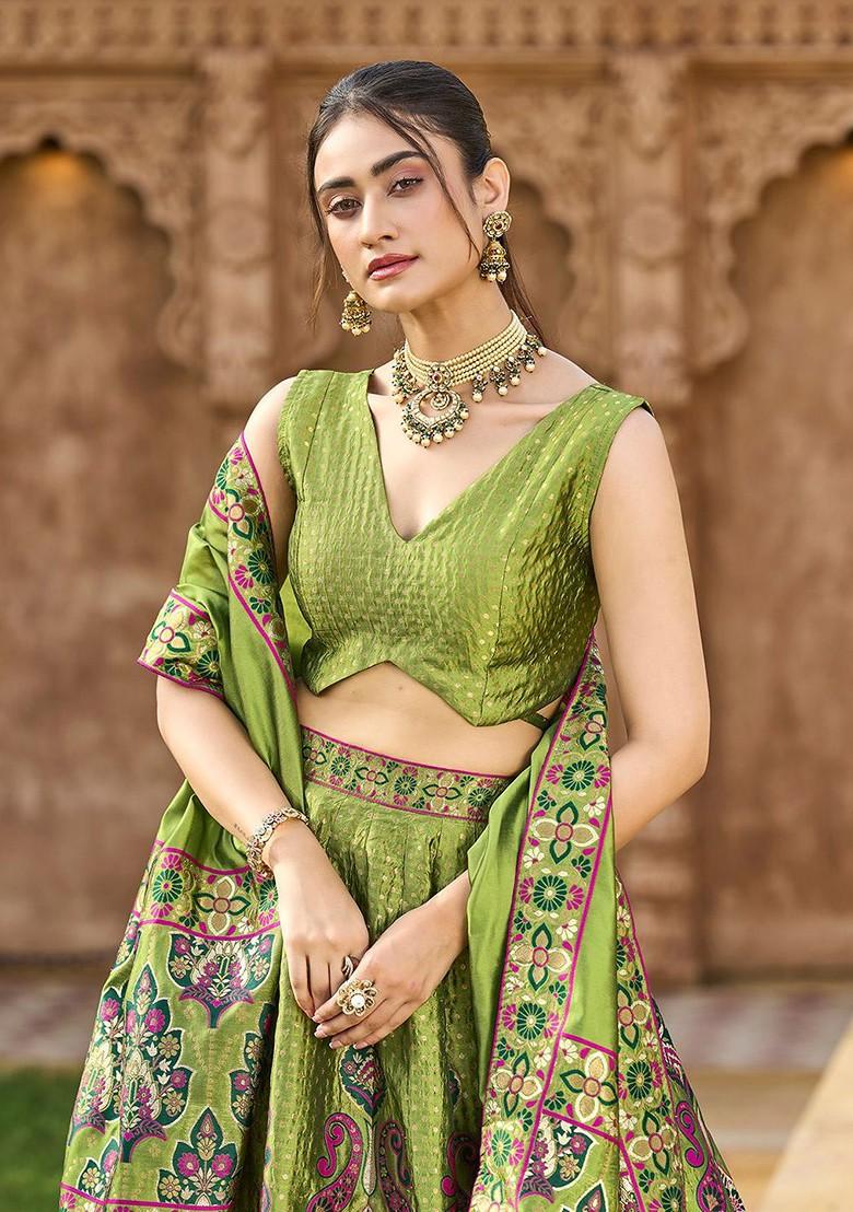 Green Woven Design Blended Lehenga Choli - Indya