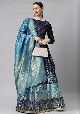 Turquoise Blue Embellished Blended Lehenga Choli