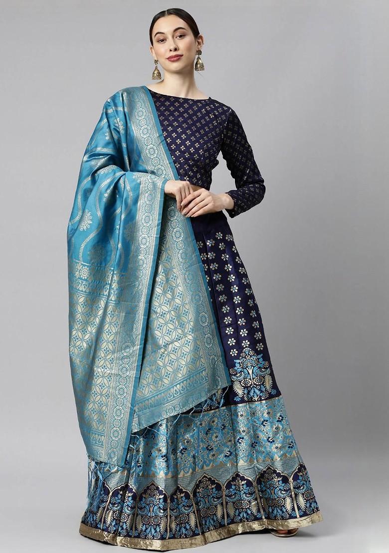 Turquoise Blue Embellished Blended Lehenga Choli - Indya