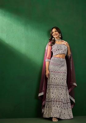 Purple Emboridered Blended Lehenga Choli
