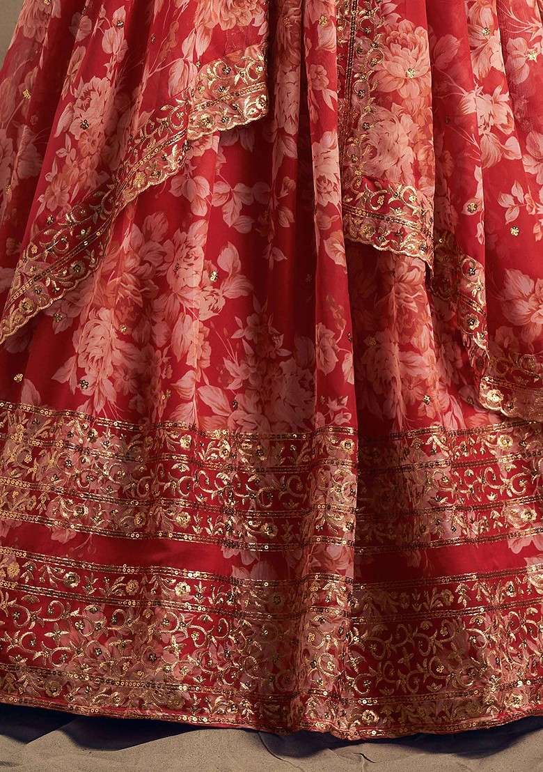 Red Emboridered Blended Lehenga Choli - Indya