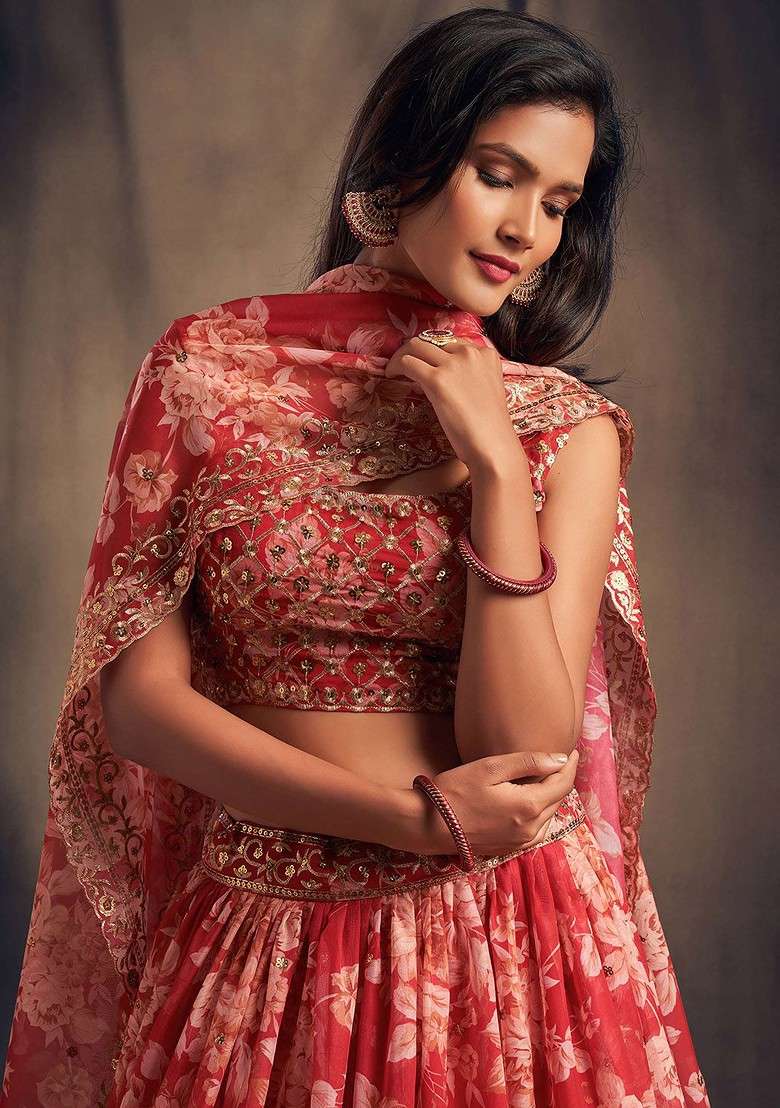 Red Emboridered Blended Lehenga Choli - Indya