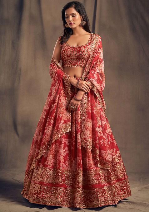 Red Emboridered Blended Lehenga Choli — view on Indya
