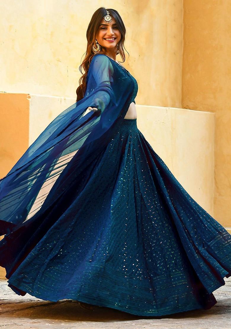 Blue Emboridered Blended Lehenga Choli - Indya