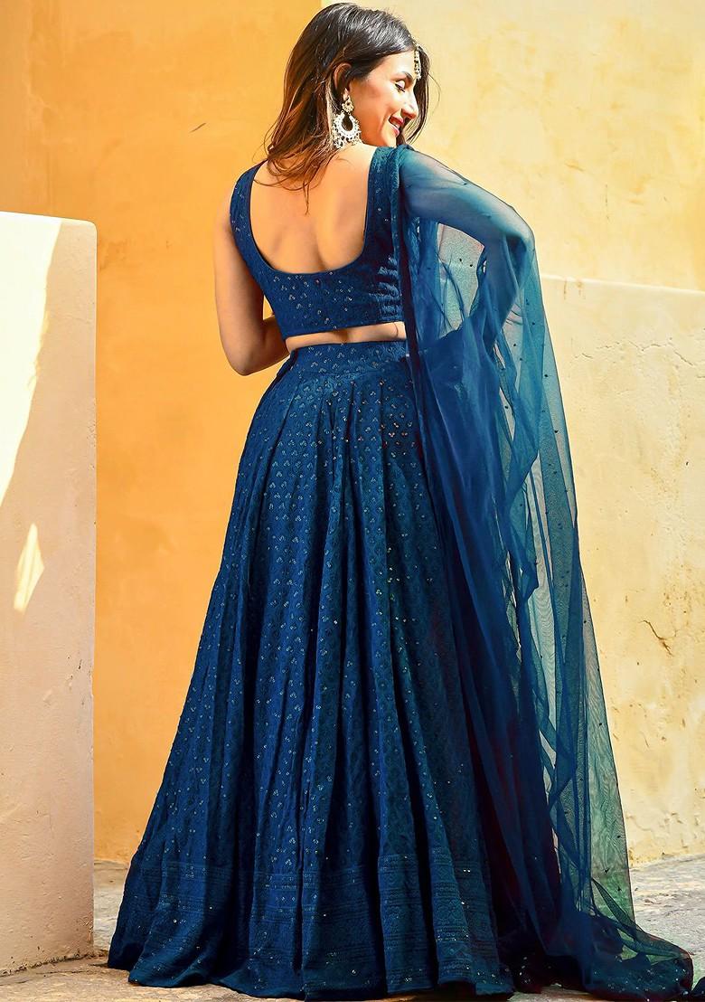 Blue Emboridered Blended Lehenga Choli - Indya