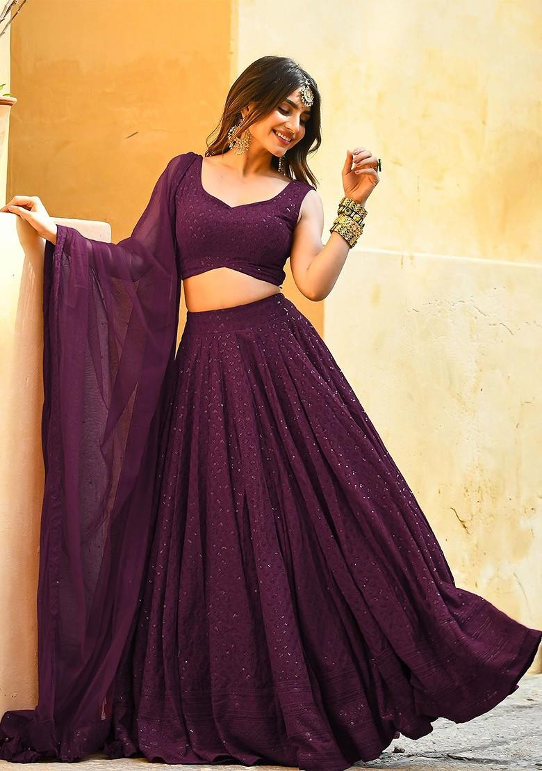 Purple Emboridered Blended Lehenga Choli - Indya