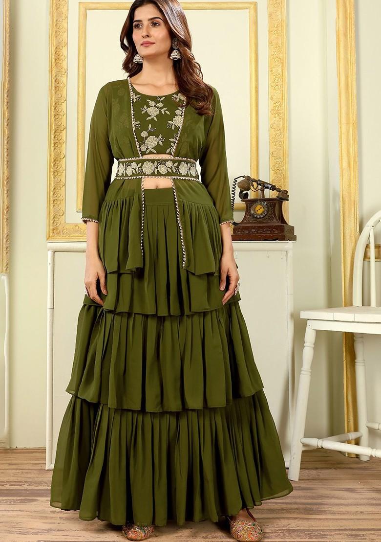 Green Emboridered Blended Lehenga Choli - Indya