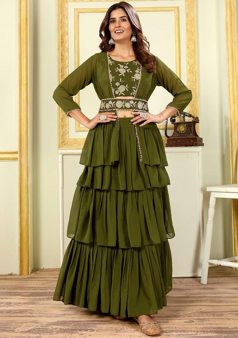 Green Emboridered Blended Lehenga Choli - Indya