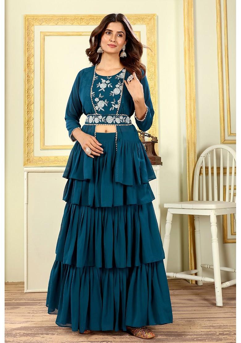 Turquoise Blue Emboridered Blended Lehenga Choli - Indya