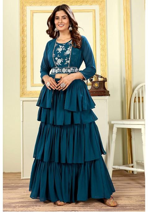 Turquoise Blue Emboridered Blended Lehenga Choli