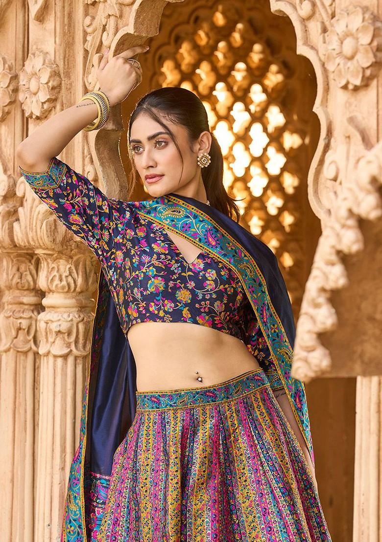 Navy Blue Woven Design Blended Lehenga Choli - Indya