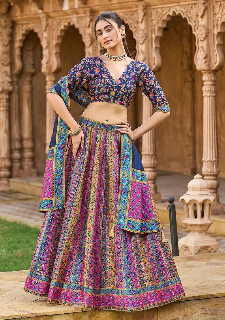 Navy Blue Woven Design Blended Lehenga Choli - Indya
