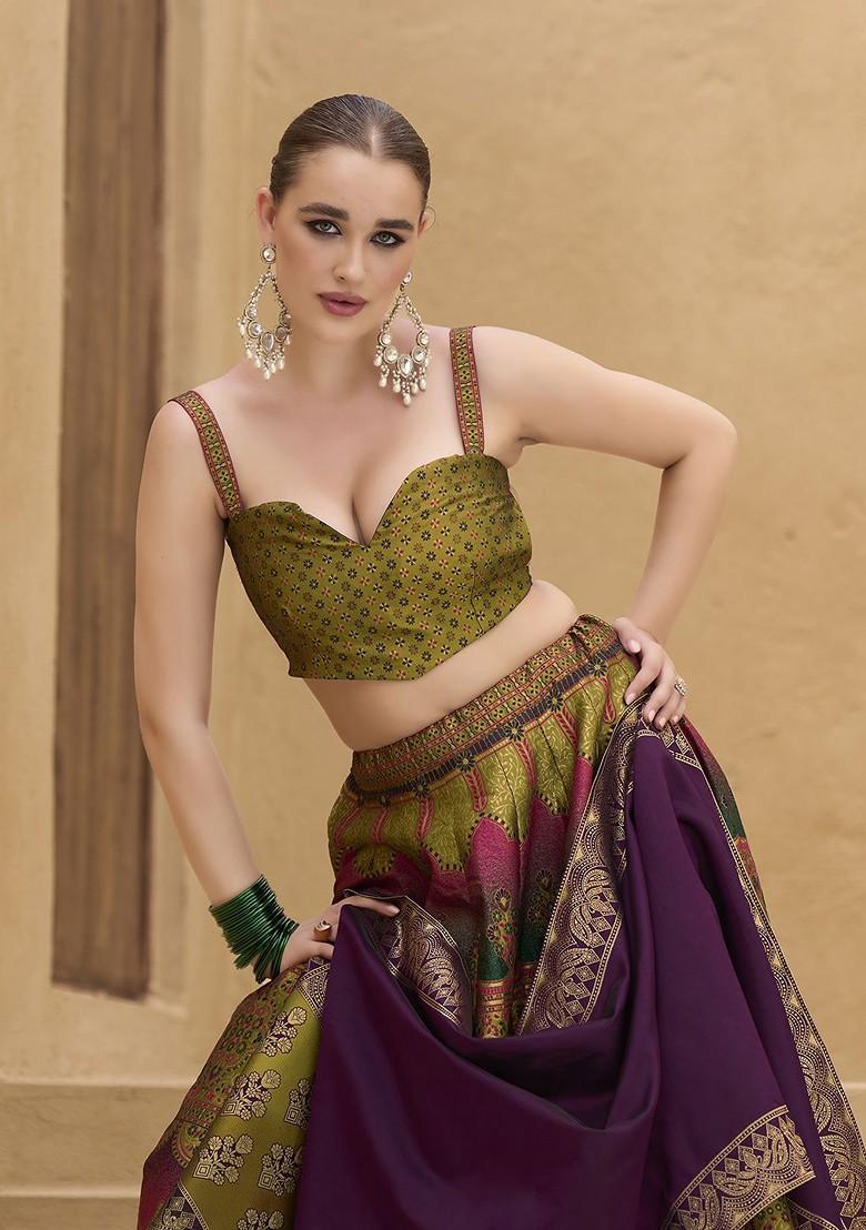 Olive Woven Design Blended Lehenga Choli - Indya