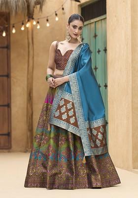 Brown Woven Design Blended Lehenga Choli