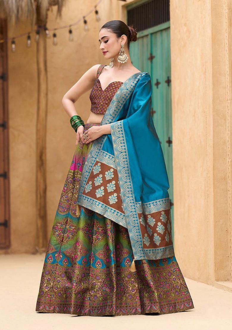 Brown Woven Design Blended Lehenga Choli - Indya