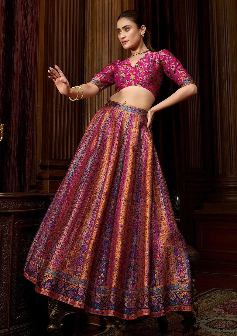 Pink Woven Design Blended Lehenga Choli - Indya