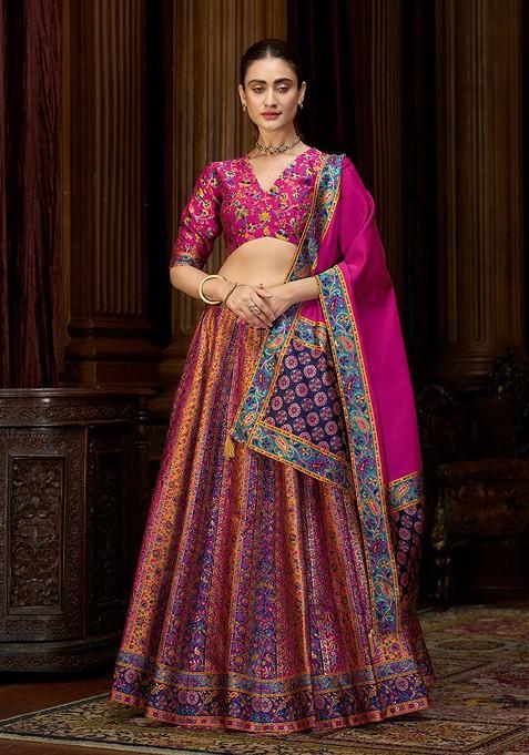 Pink Woven Design Blended Lehenga Choli — view on Indya