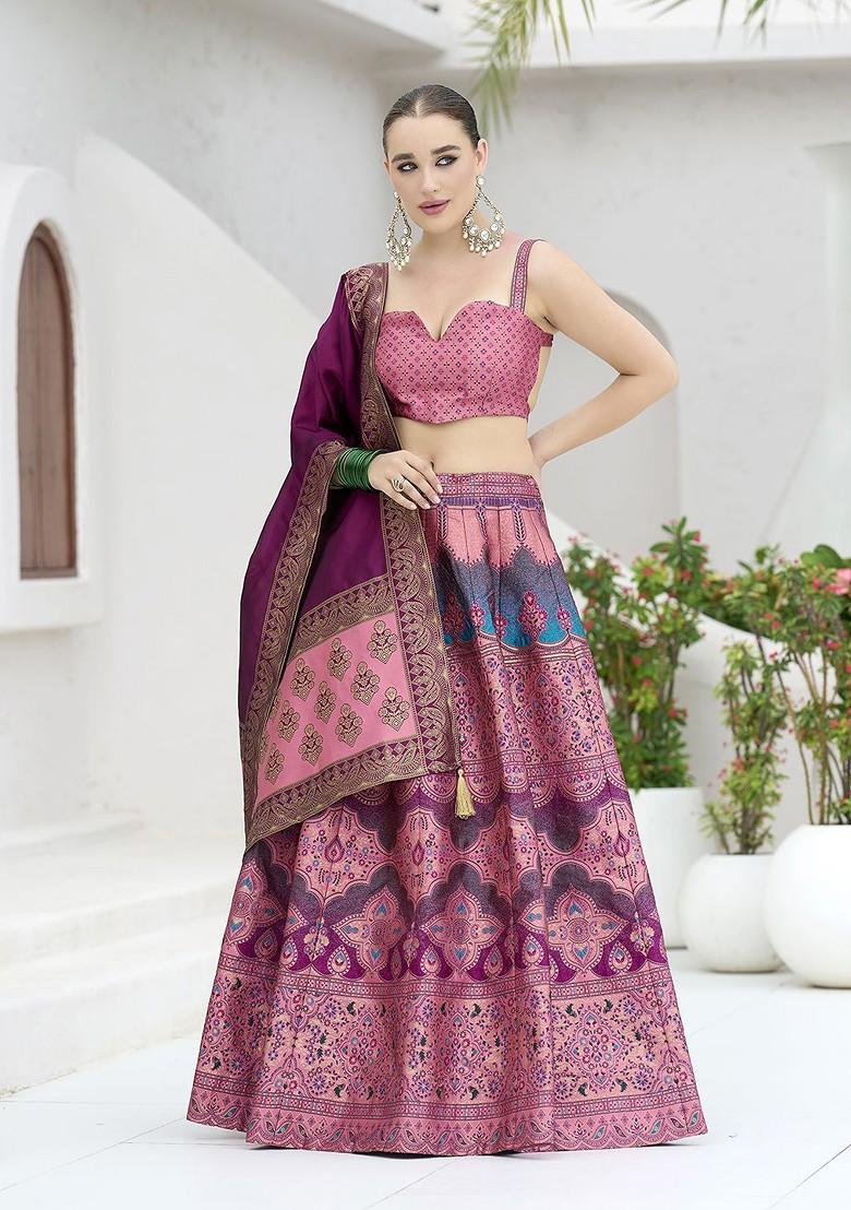 Pink Woven Design Blended Lehenga Choli - Indya