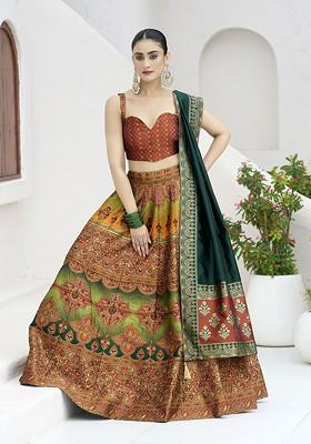 Orange Woven Design Blended Lehenga Choli