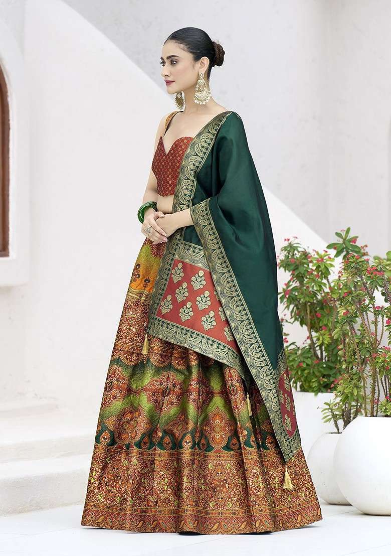 Orange Woven Design Blended Lehenga Choli - Indya